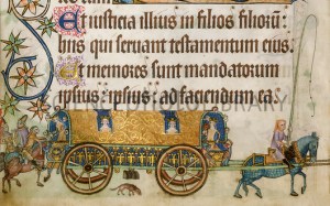 Royal women riding in a whirlicote - remind you of anything? One of them is being handed a little pet dog by a man on horseback. 